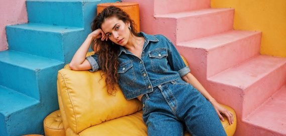 Denim-clad woman lounging on yellow chair near colorful steps